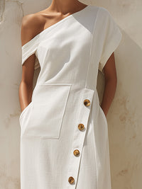 Asymmetrical One-Shoulder Button Detail Midi Dress