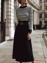 Black And White Striped Knit Top With High-Waist Black Midi Skirt