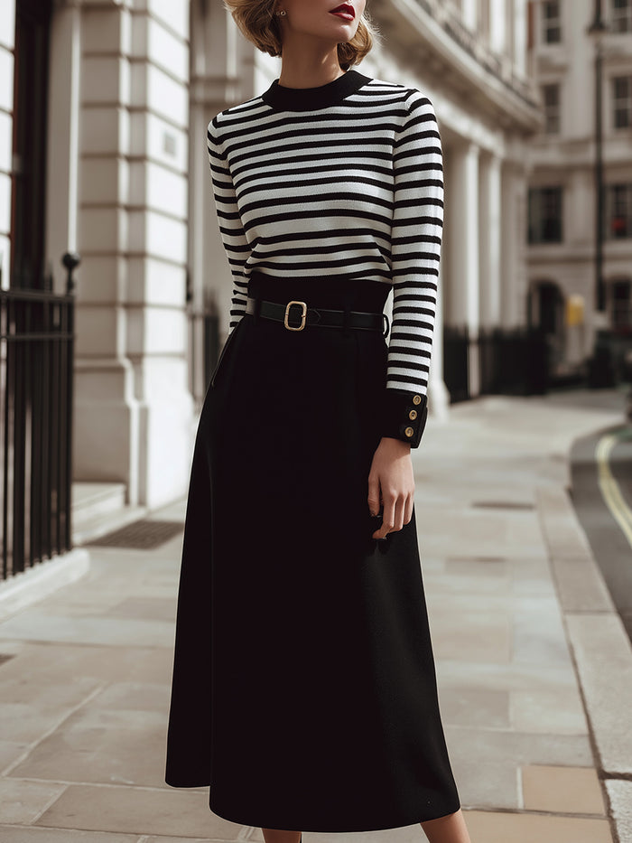 Black And White Striped Knit Top With High-Waist Black Midi Skirt