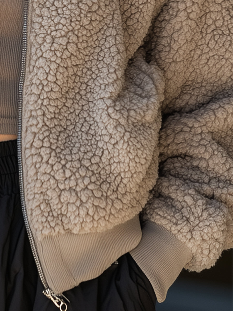 Taupe Textured Fleece Bomber Jacket