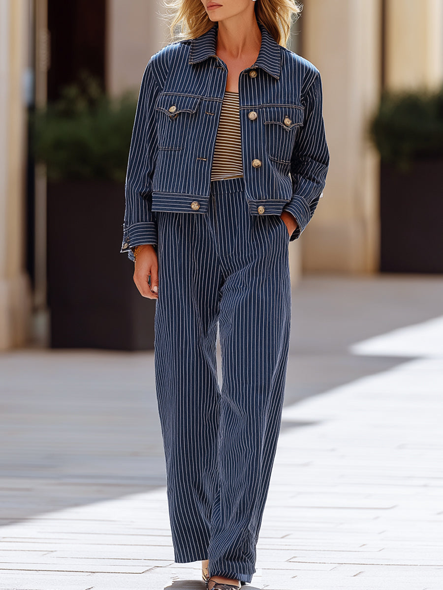 Pinstripe Jacket And Wide-Leg Pants Set