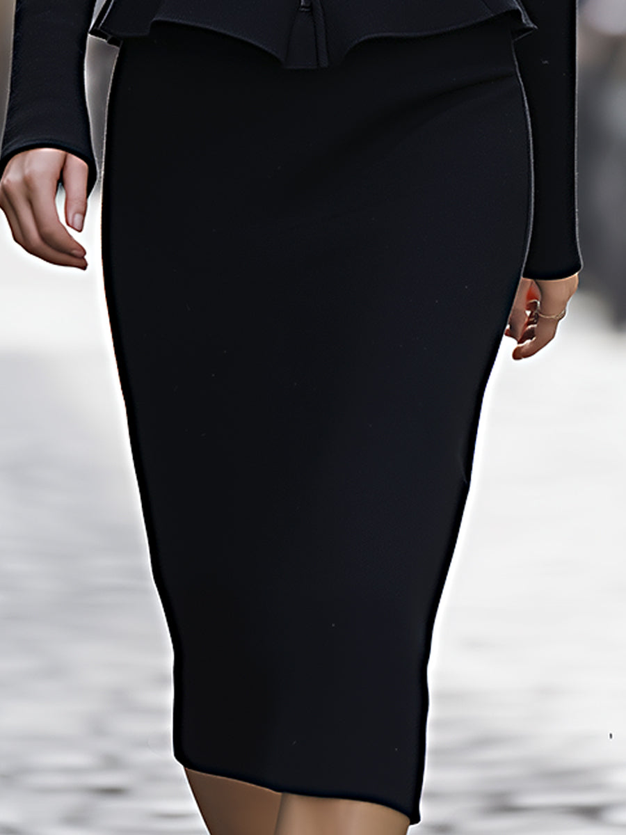 Sculpted Black Zipper Ruffle Pencil Skirt Set