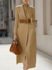 Camel Longline Blazer Dress With Statement Belt