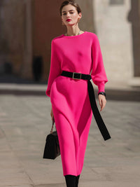 Belted Bright Knit Column Dress