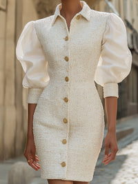 Tweed Button-Front Mini Dress With Puff Sleeves