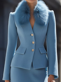 Blue Wool Skirt Suit With Fur Collar