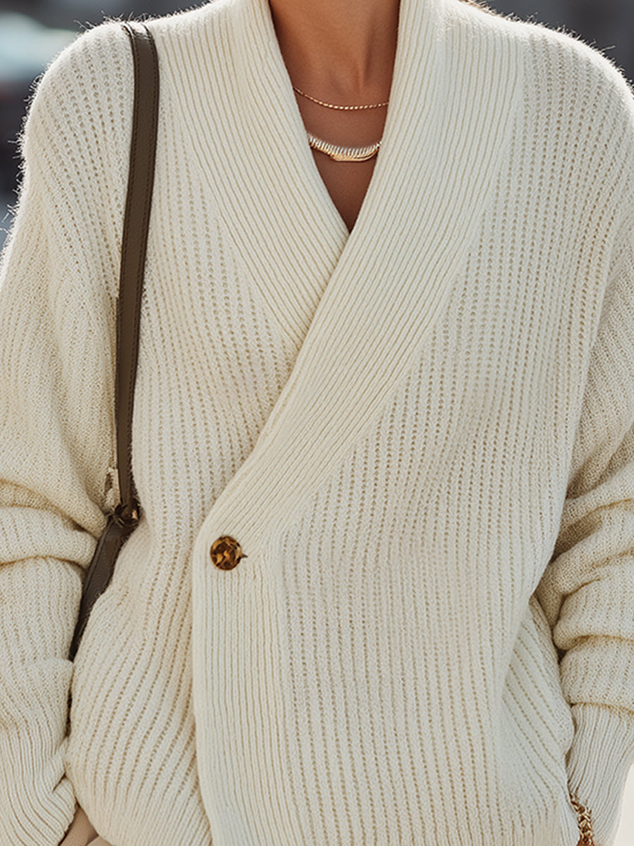 Ivory Ribbed Wrap Cardigan With Button Detail