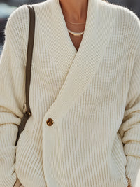 Ivory Ribbed Wrap Cardigan With Button Detail