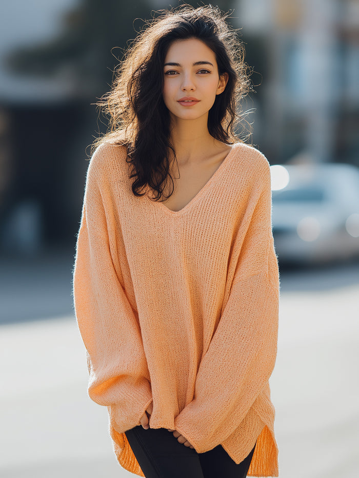 Oversized Peach V-Neck Knit Sweater