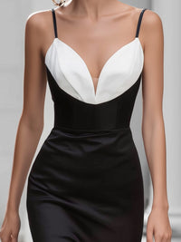 Colorblock Satin Midi Dress With Deep V-Neck