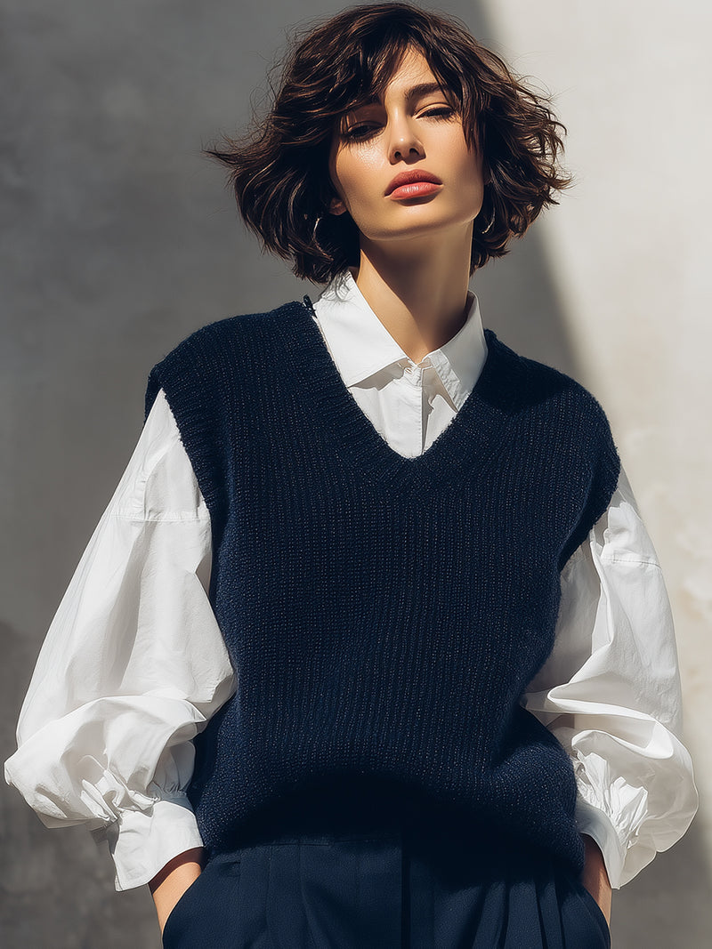 Navy Wool Knit Vest With White Cotton Shirt
