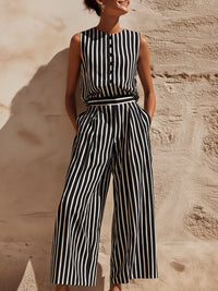 Monochrome Striped Sleeveless Wide-Leg Jumpsuit