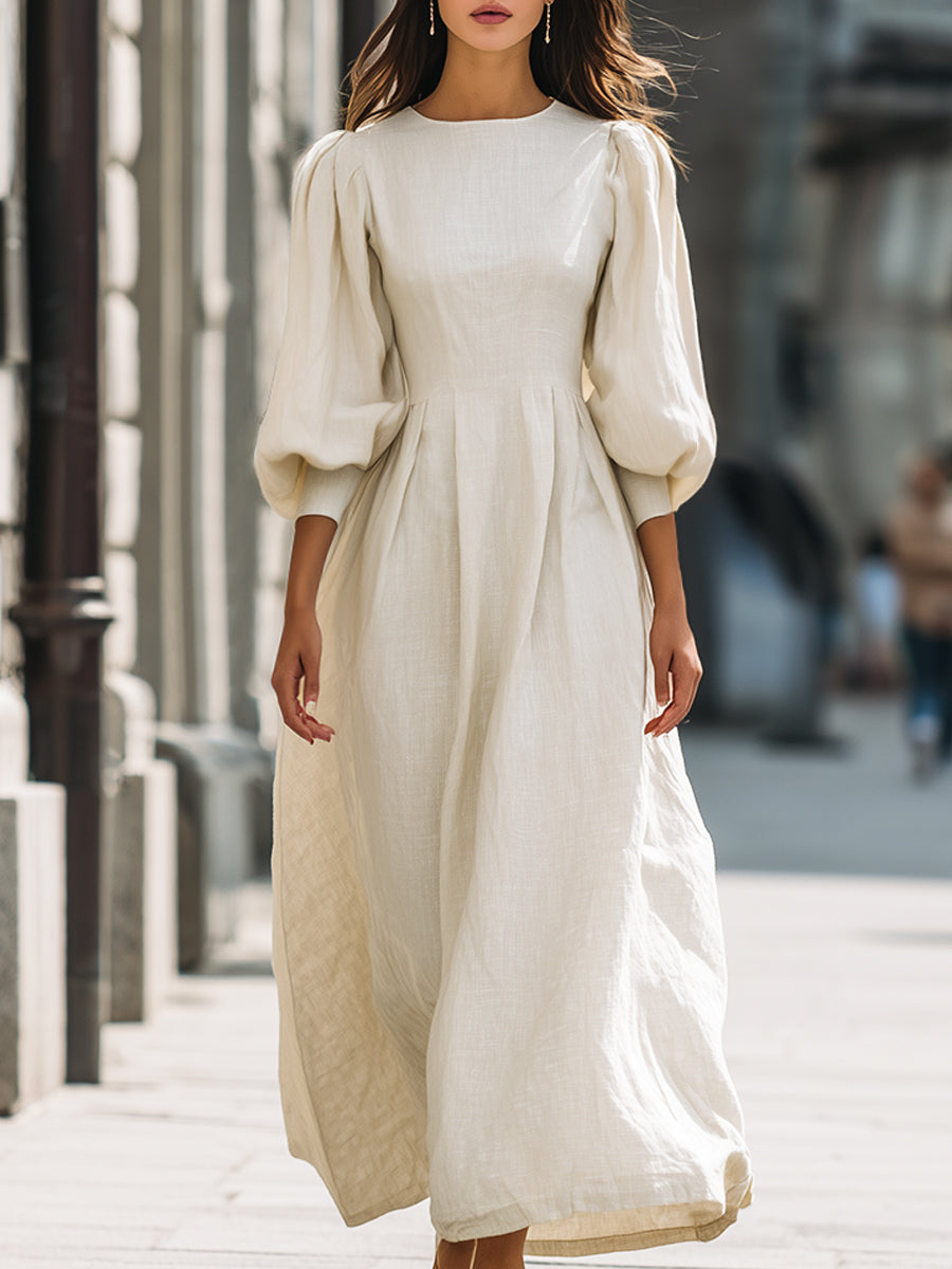 Elegant Linen Puff-Sleeve Maxi Dress