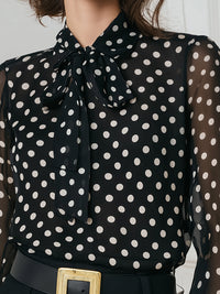 Polka Dot Chiffon Blouse With Bow-Tie Neck And Sheer Sleeves