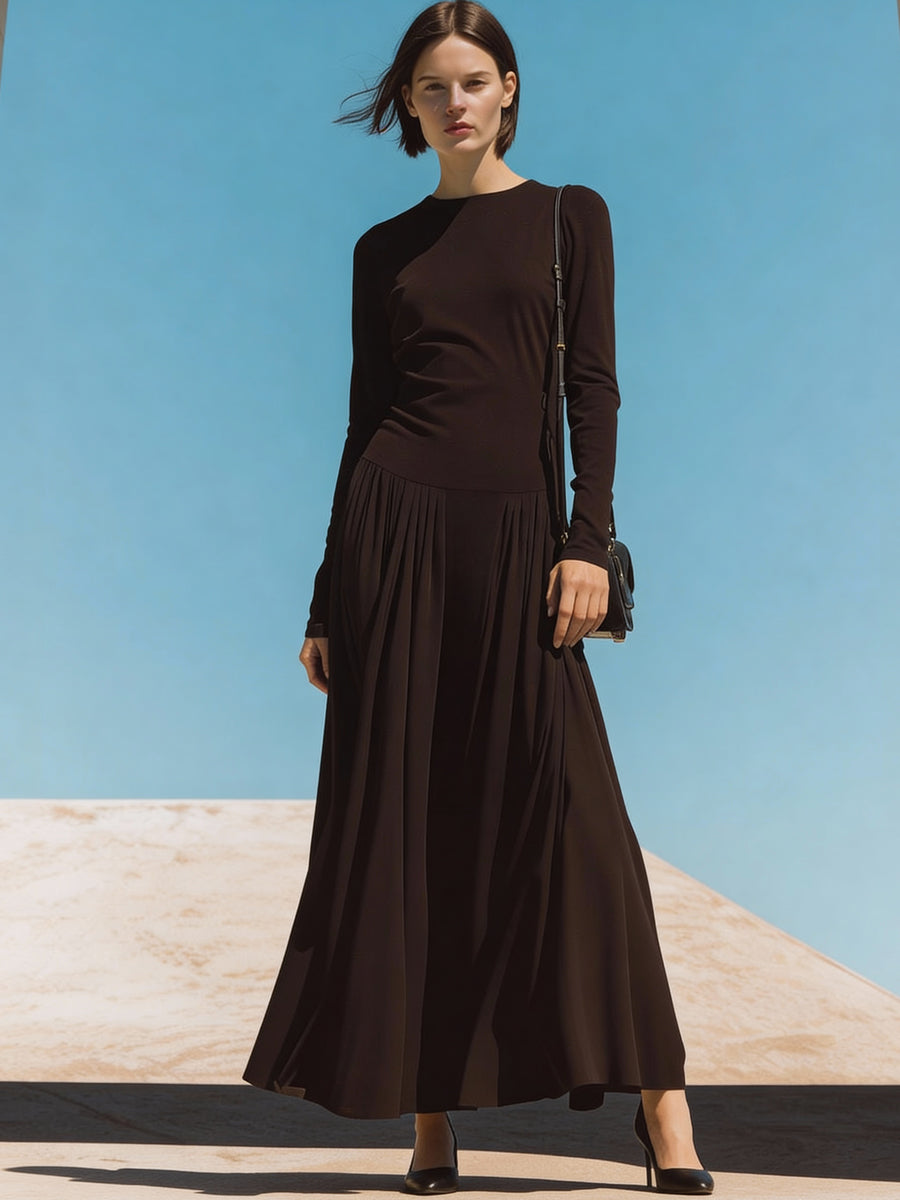 Long-Sleeve Pleated Midi Dress