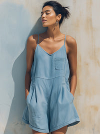 Sleeveless Drawstring Waist Relaxed Denim Romper