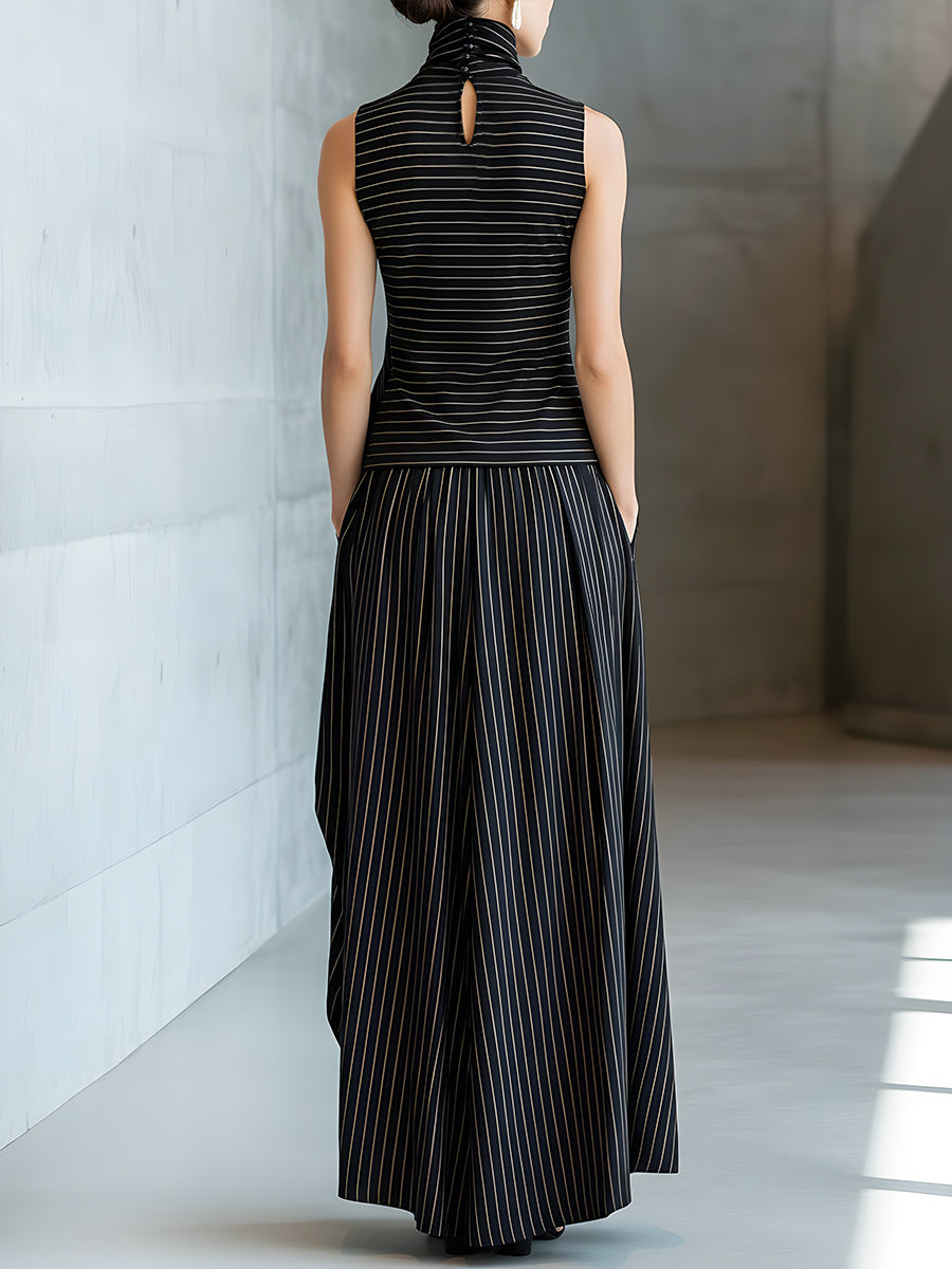 Asymmetric Pinstripe Sleeveless Top & Maxi Skirt Coordinated Set