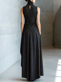 Asymmetric Pinstripe Sleeveless Top & Maxi Skirt Coordinated Set