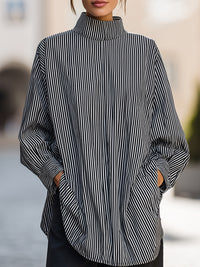 Black & White Vertical Stripe High-Neck Blouse