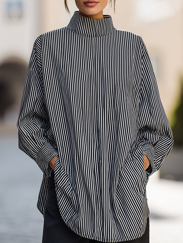 Black & White Vertical Stripe High-Neck Blouse