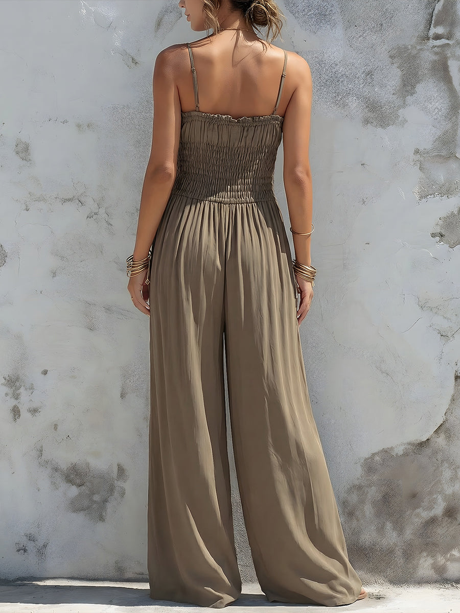 Smocked Spaghetti-Strap Wide-Leg Jumpsuit