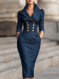 Double-Breasted Structured Denim Midi Dress