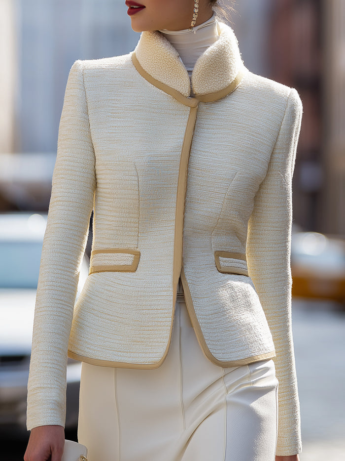 Elegant Cream Textured Tweed Jacket With Contrast Trim