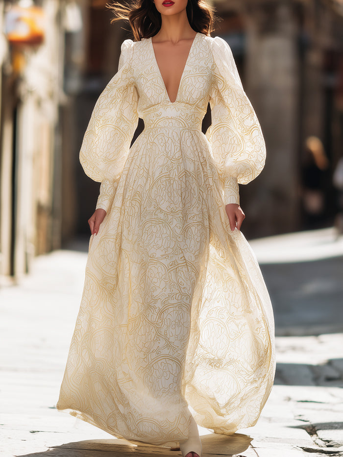 Voluminous Sleeve Jacquard Maxi Dress
