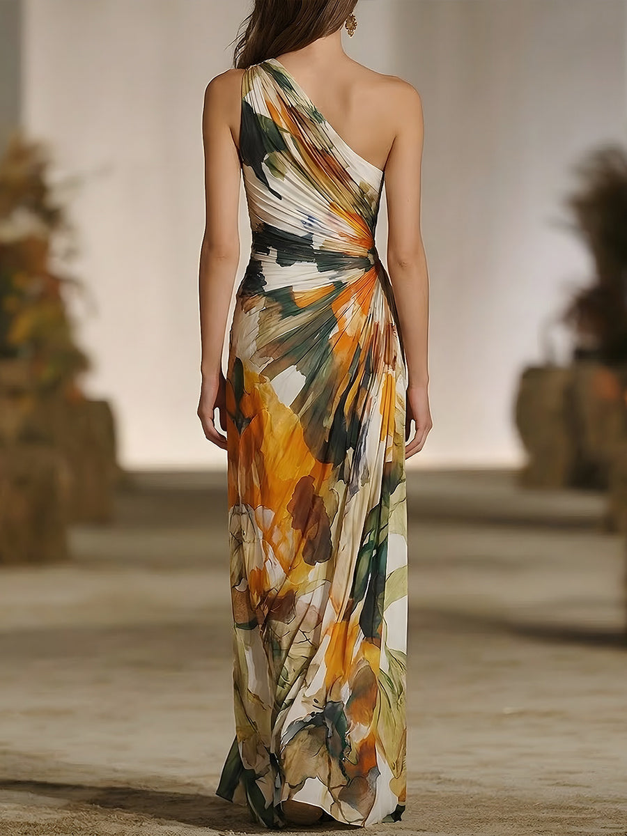 One-Shoulder Abstract Print Draped Maxi Dress