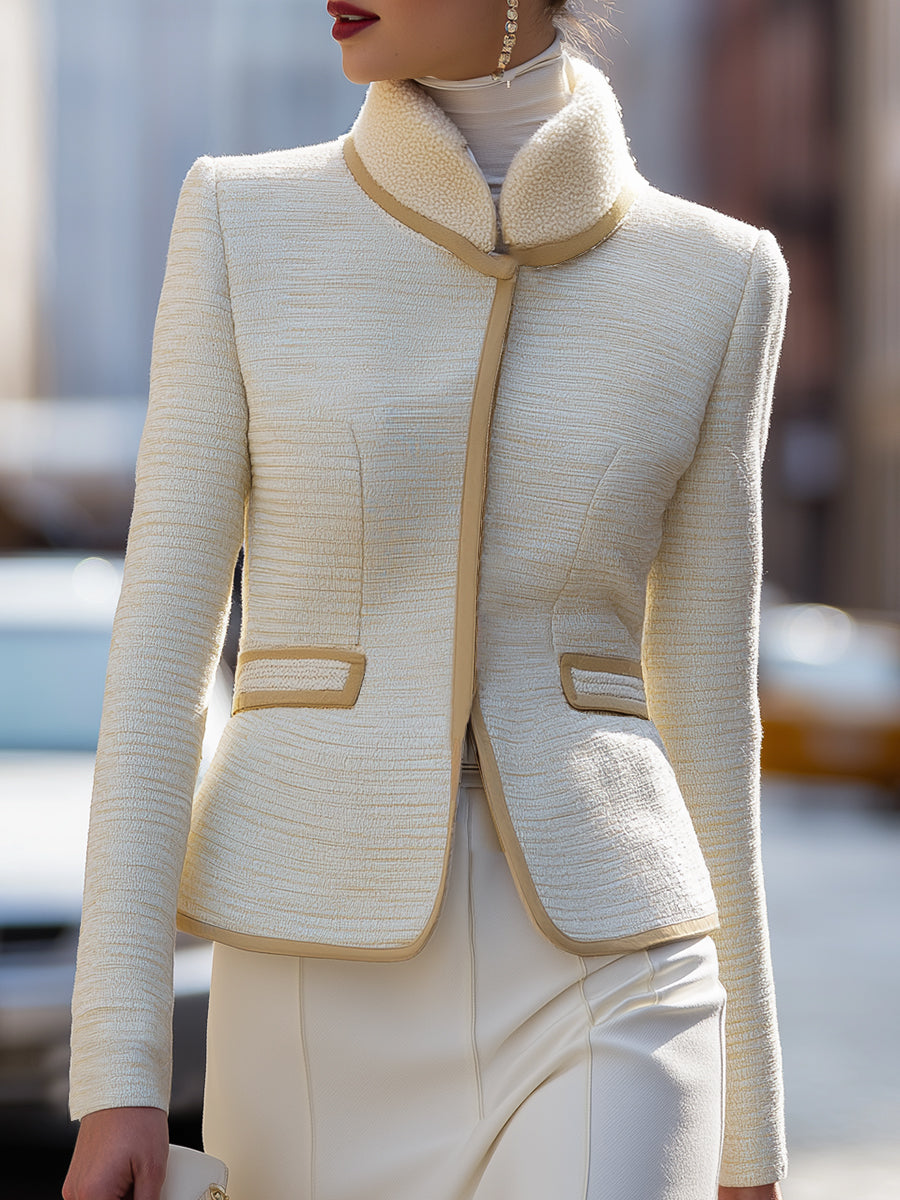 Elegant Cream Textured Tweed Jacket With Contrast Trim