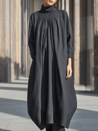 Charcoal Black High-Neck Cotton Linen Pleated Long Dress