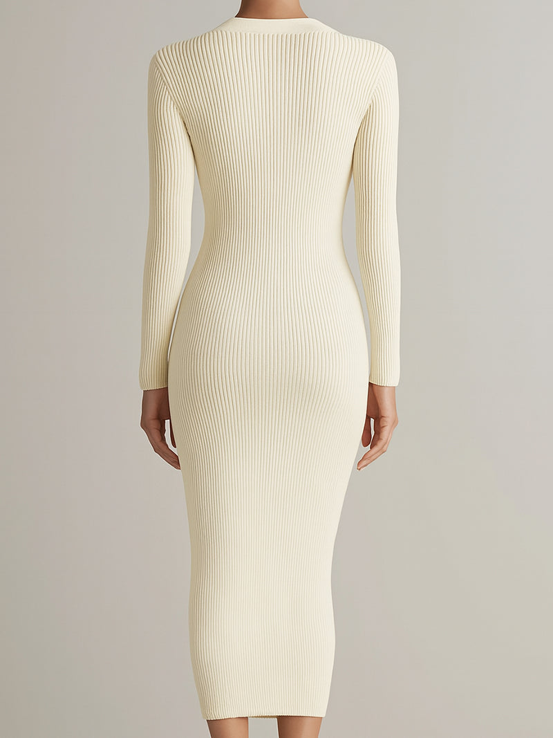 Ribbed Knit Button-Down Midi Dress