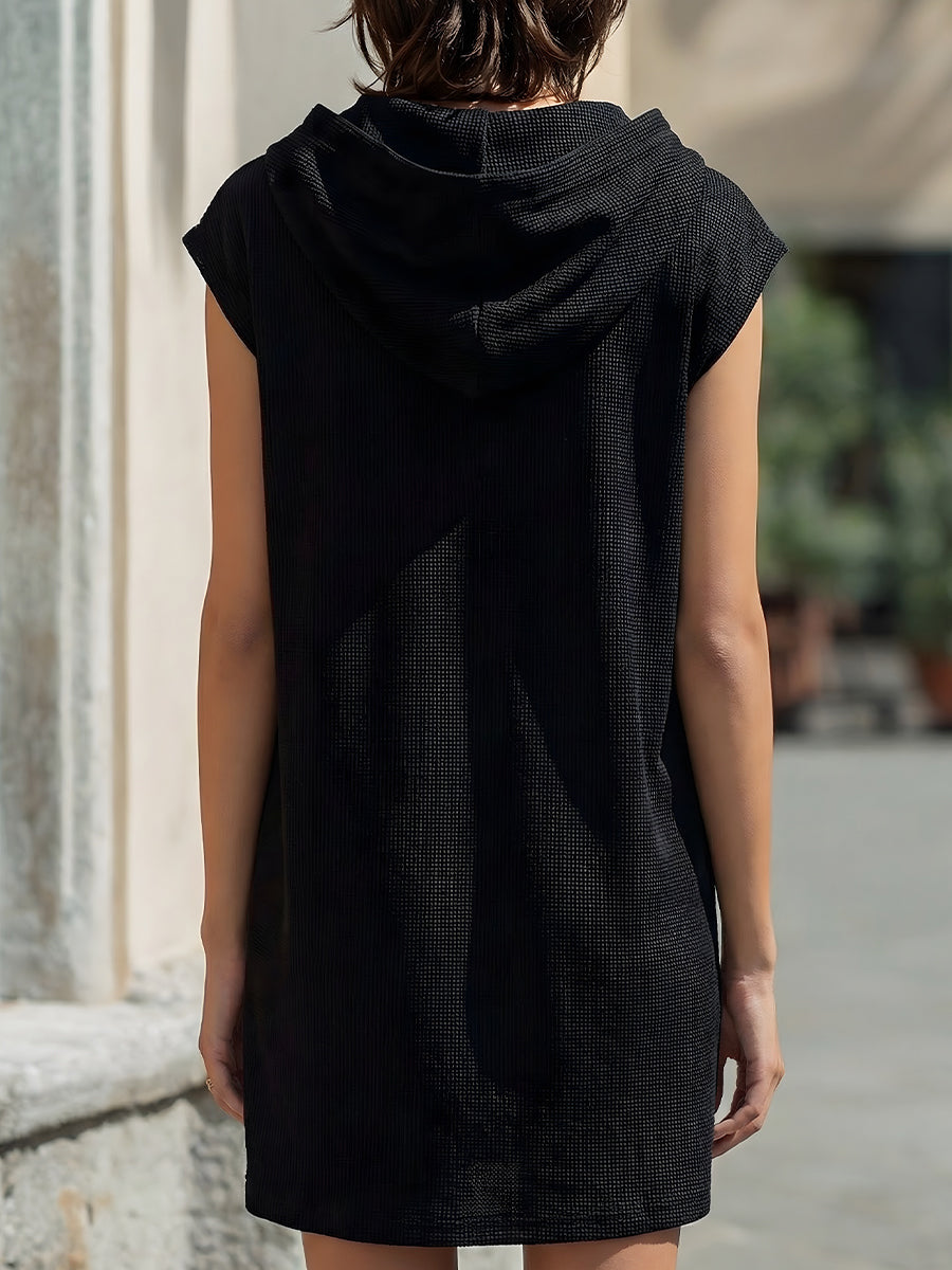 Textured Hooded Zip-Front Sleeveless Mini Dress