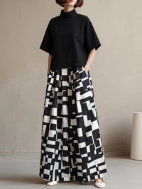 High-Neck Top & Abstract Print Wide-Leg Skirt Set