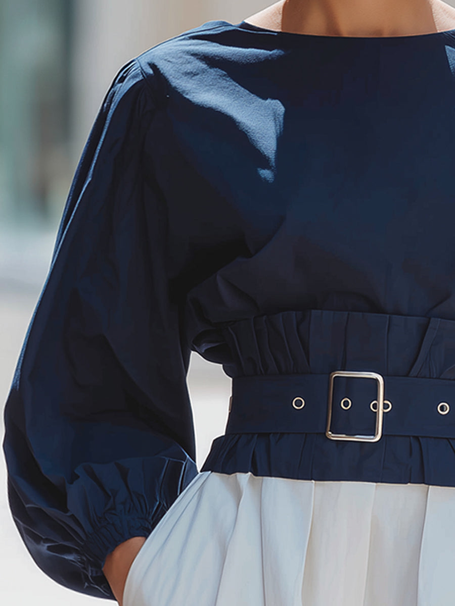 Belted Boat Neck Puff Sleeve Blouse