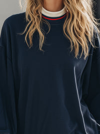 Modern Navy Puff-Sleeve Knit Sweatshirt