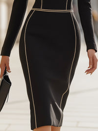 Contrast-Trim Sculpted Midi Sheath Dress