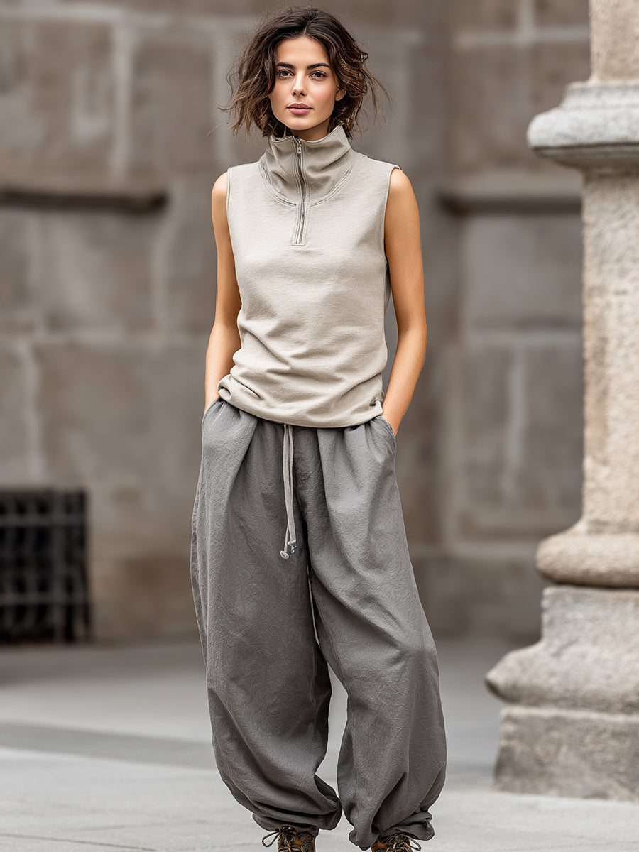 Sleeveless Half-Zip High-Neck Cotton Linen Top And Loose Drawstring Pants Set
