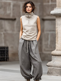 Sleeveless Half-Zip High-Neck Cotton Linen Top And Loose Drawstring Pants Set
