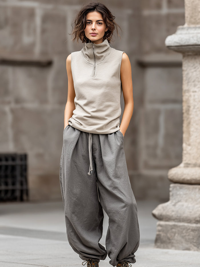 Sleeveless Half-Zip High-Neck Cotton Linen Top And Loose Drawstring Pants Set