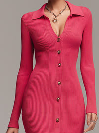 Ribbed Knit Button-Down Midi Dress