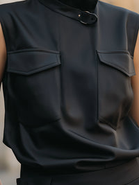 Black Sleeveless High-Neck Utility Blouse With Buckle Detail