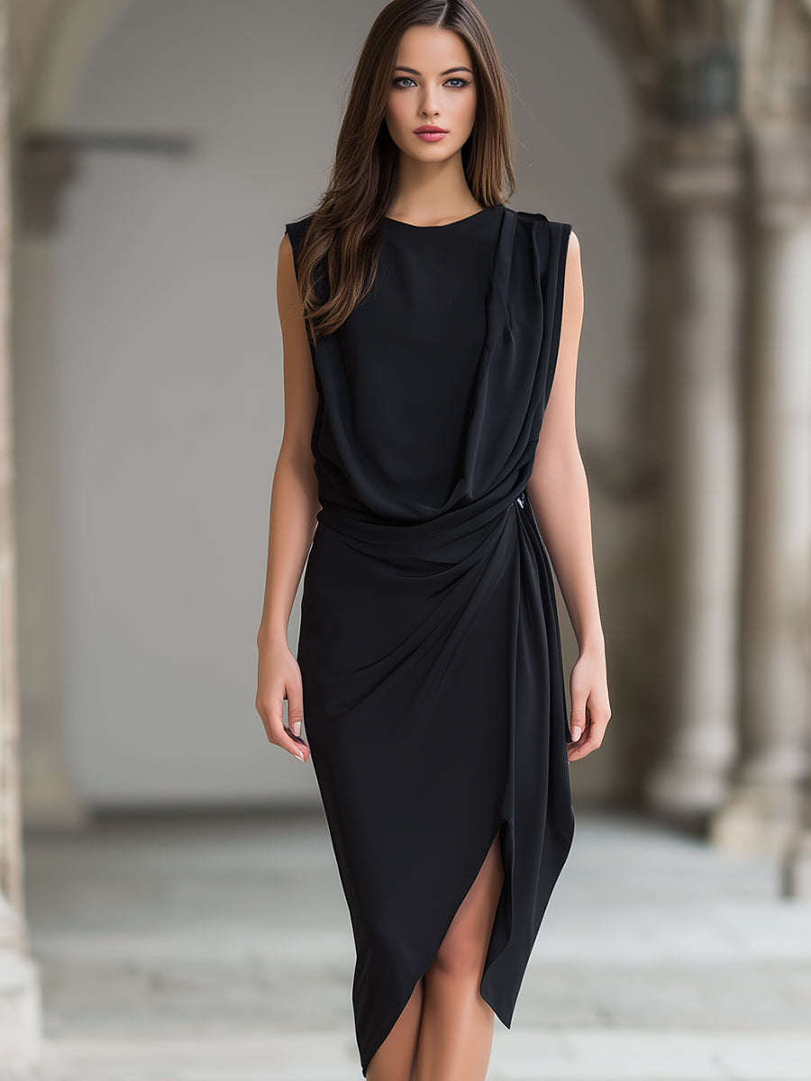 Draped Sleeveless Asymmetric Midi Dress