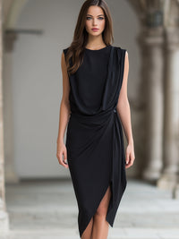Draped Sleeveless Asymmetric Midi Dress