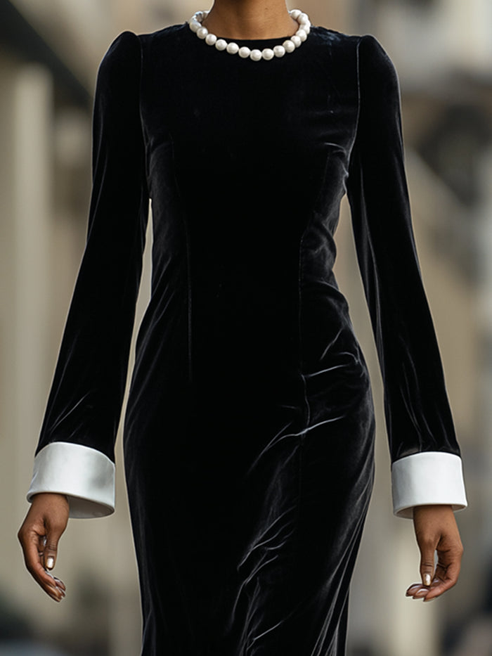 Velvet Long-Sleeve Maxi Dress With Contrast Cuffs