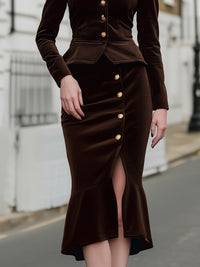 Velvet Tailored Jacket And Flared Hem Skirt Set With Gold Buttons