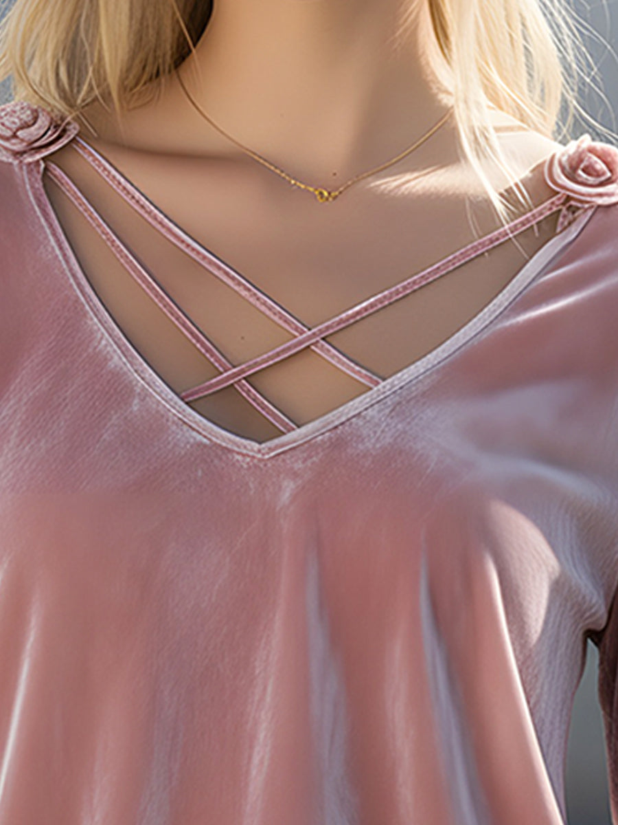Romantic Pink Velvet V-Neck Top With Floral Strap Detail