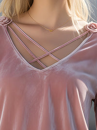 Romantic Pink Velvet V-Neck Top With Floral Strap Detail