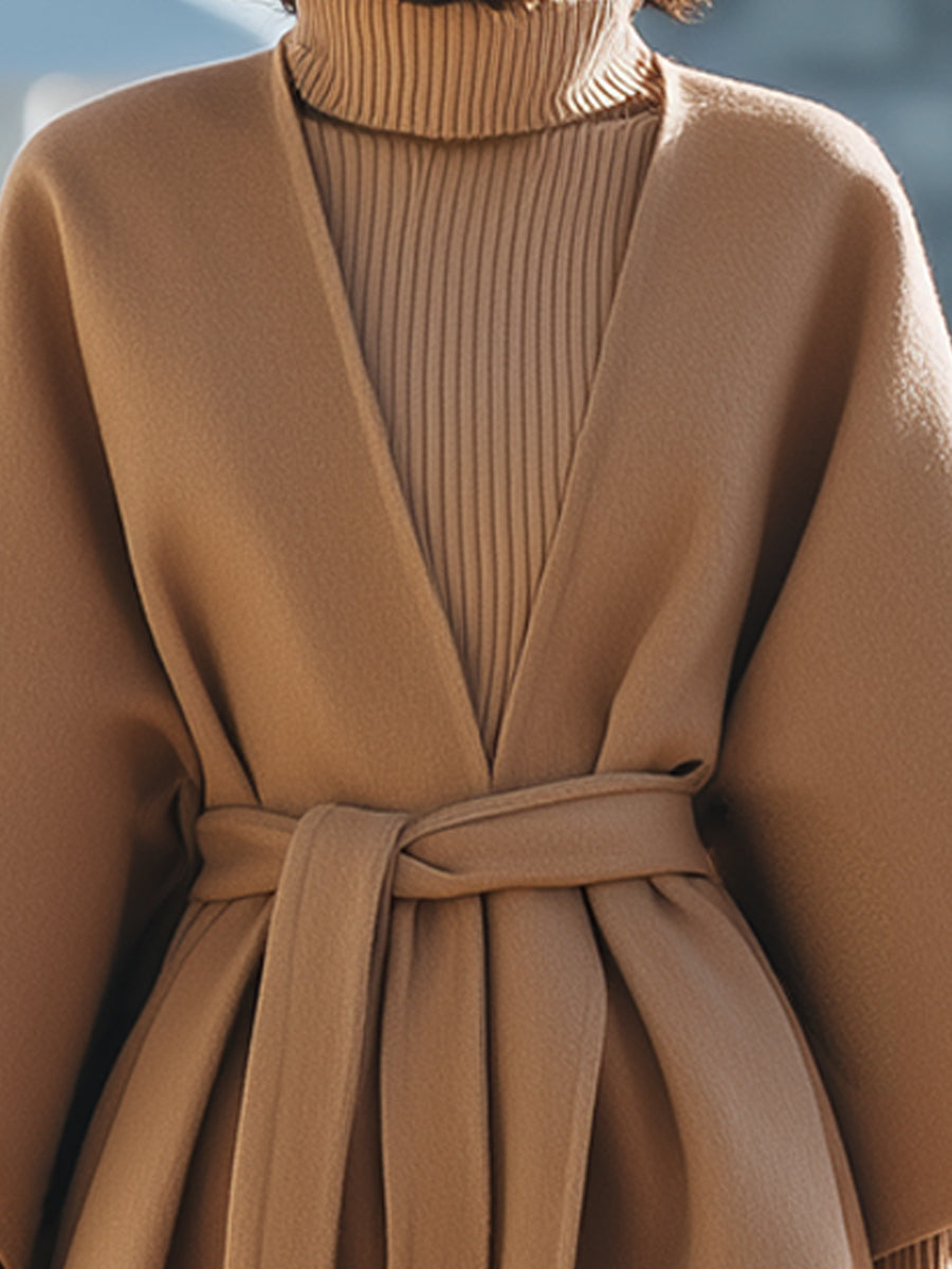 Camel Belted Kimono-Style Midi Coat