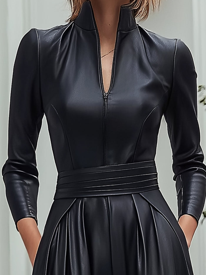 Black Faux Leather Pleated Maxi Dress